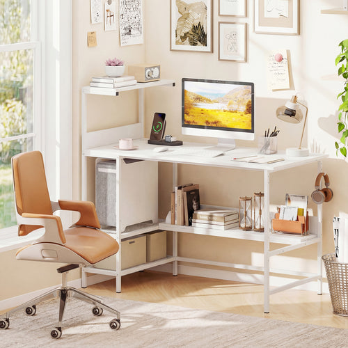 48 Inch Computer Desk With Power Outlets, Storage Shelves, White