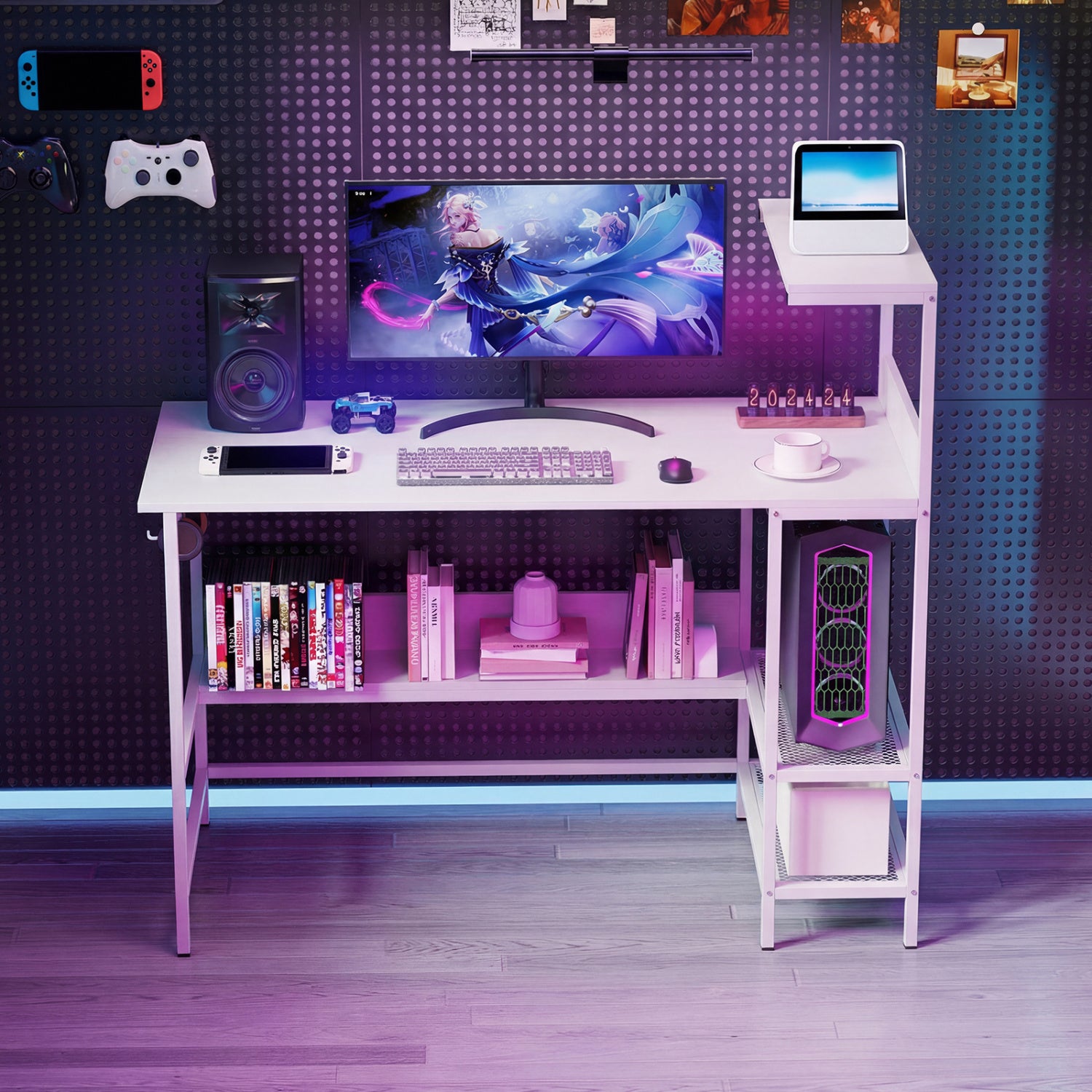 48 Inch Computer Desk With Power Outlets, Storage Shelves, White Computer Desks at Gallery Canada