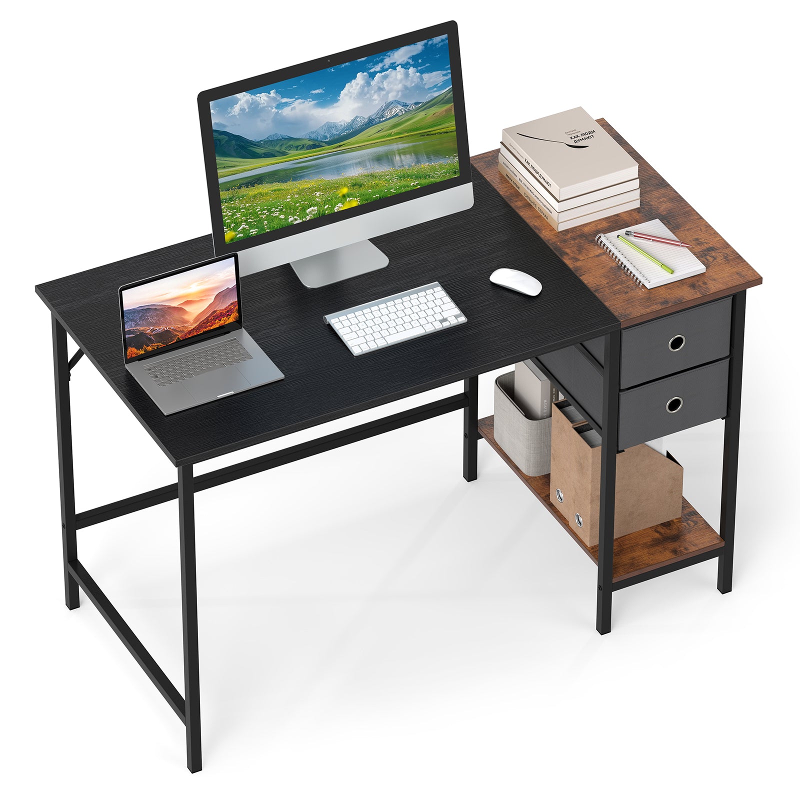 48 Inch Computer Desk, 2 Fabric Drawers, Industrial Home Office, Black Computer Desks at Gallery Canada