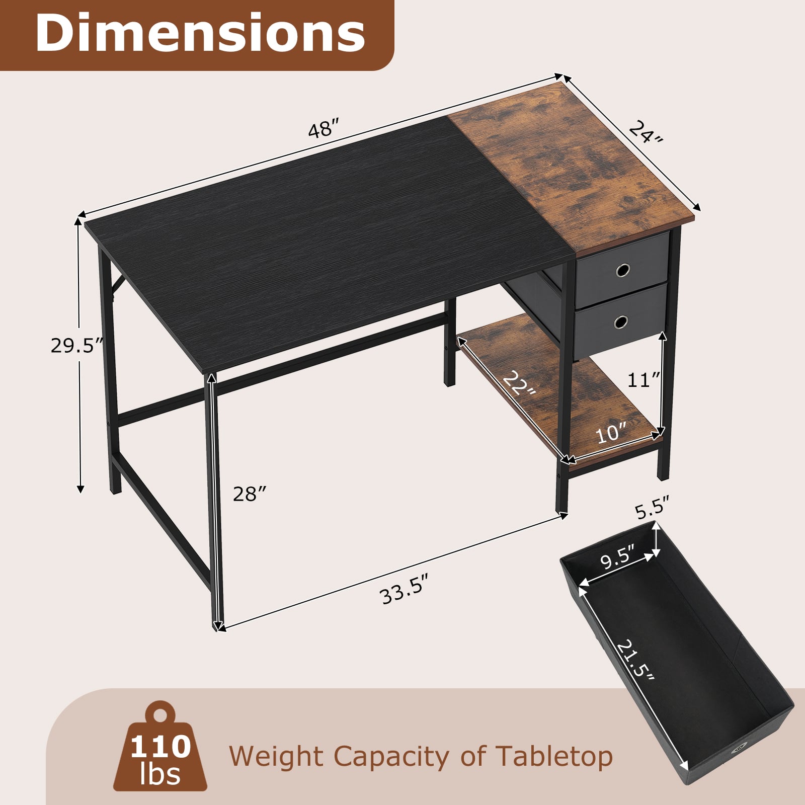 48 Inch Computer Desk, 2 Fabric Drawers, Industrial Home Office, Black Computer Desks at Gallery Canada