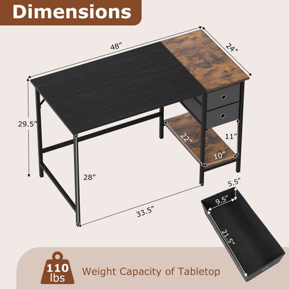 48 Inch Computer Desk, 2 Fabric Drawers, Industrial Home Office, Black Computer Desks at Gallery Canada