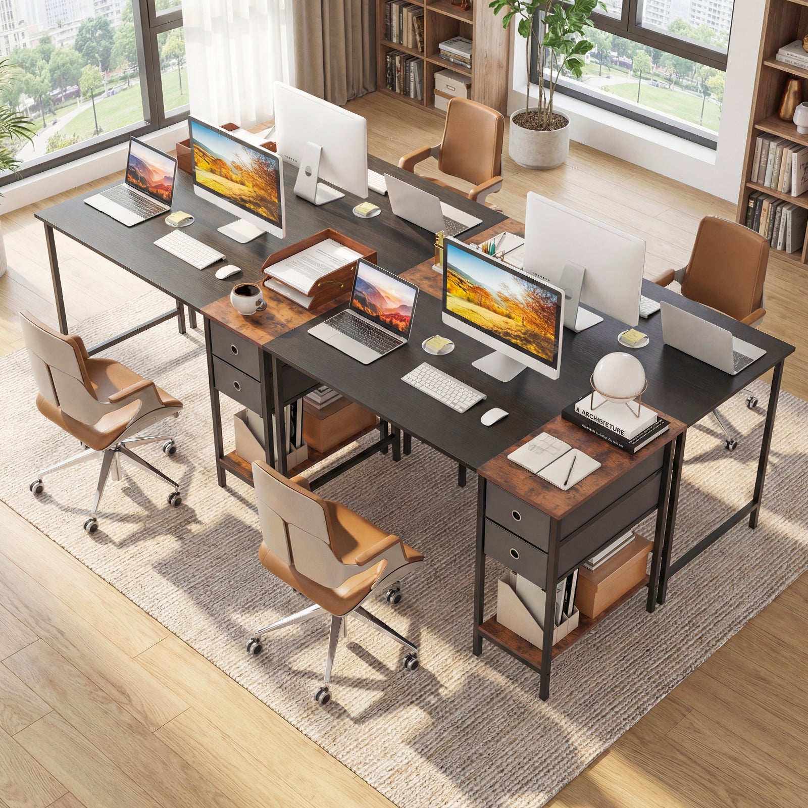 48 Inch Computer Desk, 2 Fabric Drawers, Industrial Home Office, Black Computer Desks at Gallery Canada