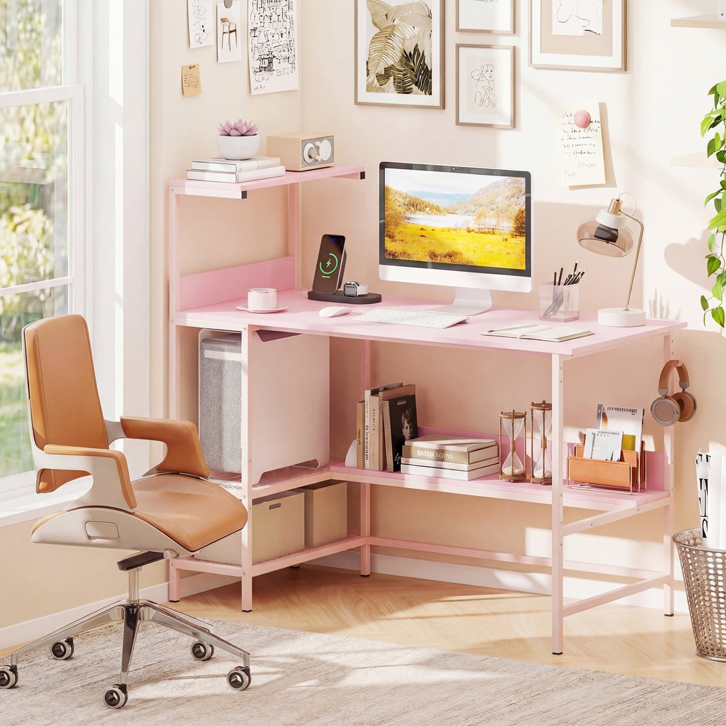 48 Inch Computer Desk With Power Outlets, Storage Shelves, Pink Computer Desks at Gallery Canada