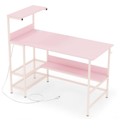 48 Inch Computer Desk With Power Outlets, Storage Shelves, Pink Computer Desks Pink at Gallery Canada