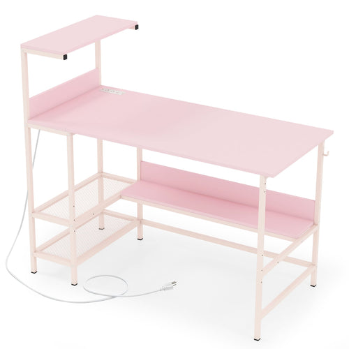 48 Inch Computer Desk With Power Outlets, Storage Shelves, Pink