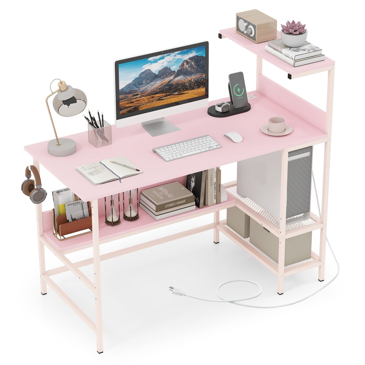 48 Inch Computer Desk With Power Outlets, Storage Shelves, Pink Computer Desks at Gallery Canada