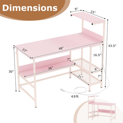 48 Inch Computer Desk With Power Outlets, Storage Shelves, Pink Computer Desks at Gallery Canada