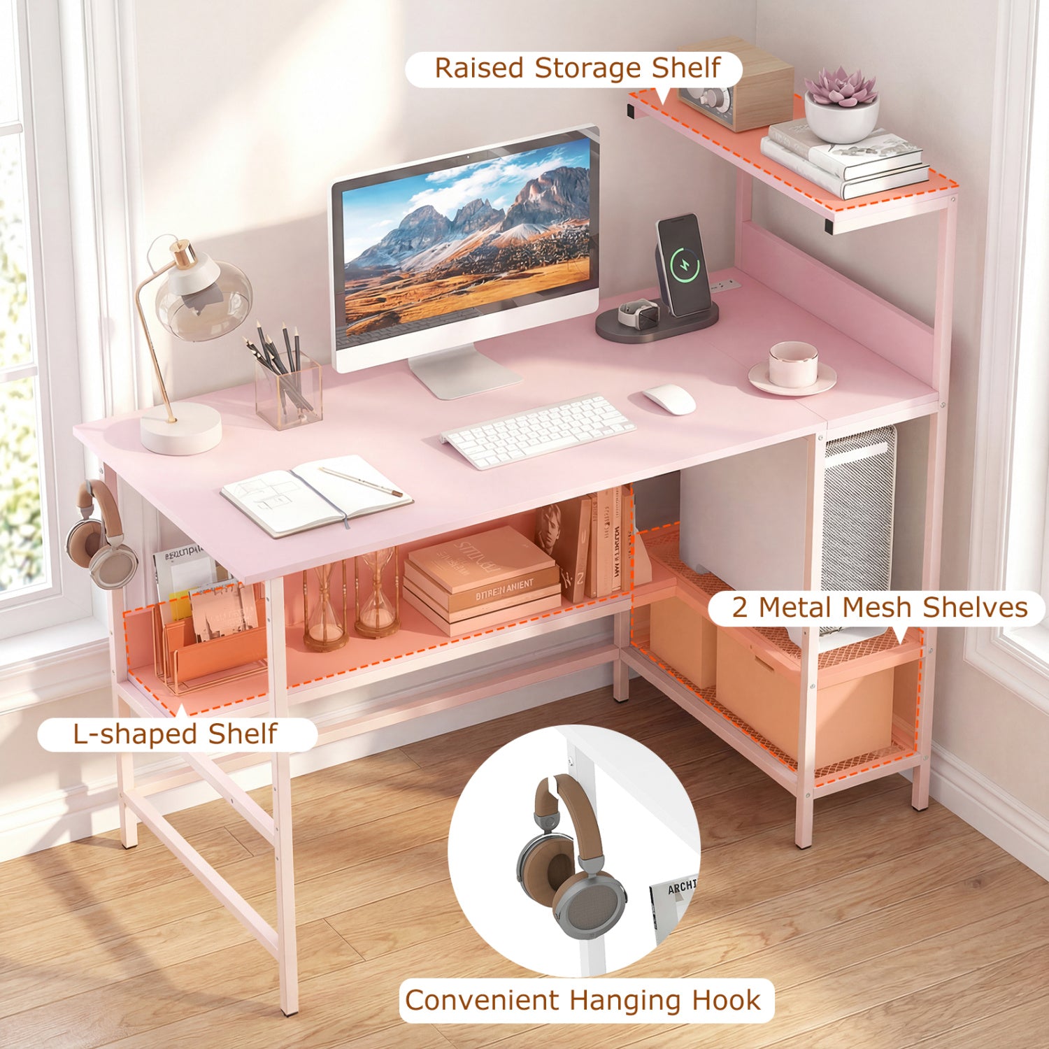 48 Inch Computer Desk With Power Outlets, Storage Shelves, Pink Computer Desks at Gallery Canada