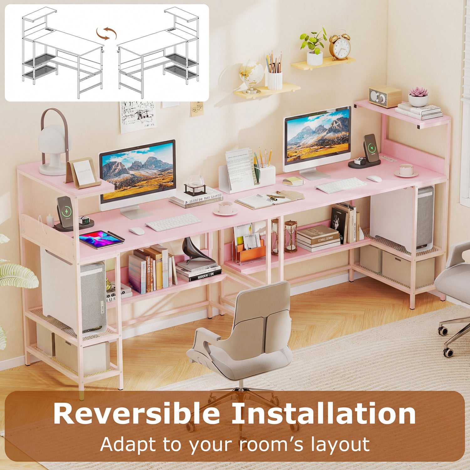 48 Inch Computer Desk With Power Outlets, Storage Shelves, Pink Computer Desks at Gallery Canada