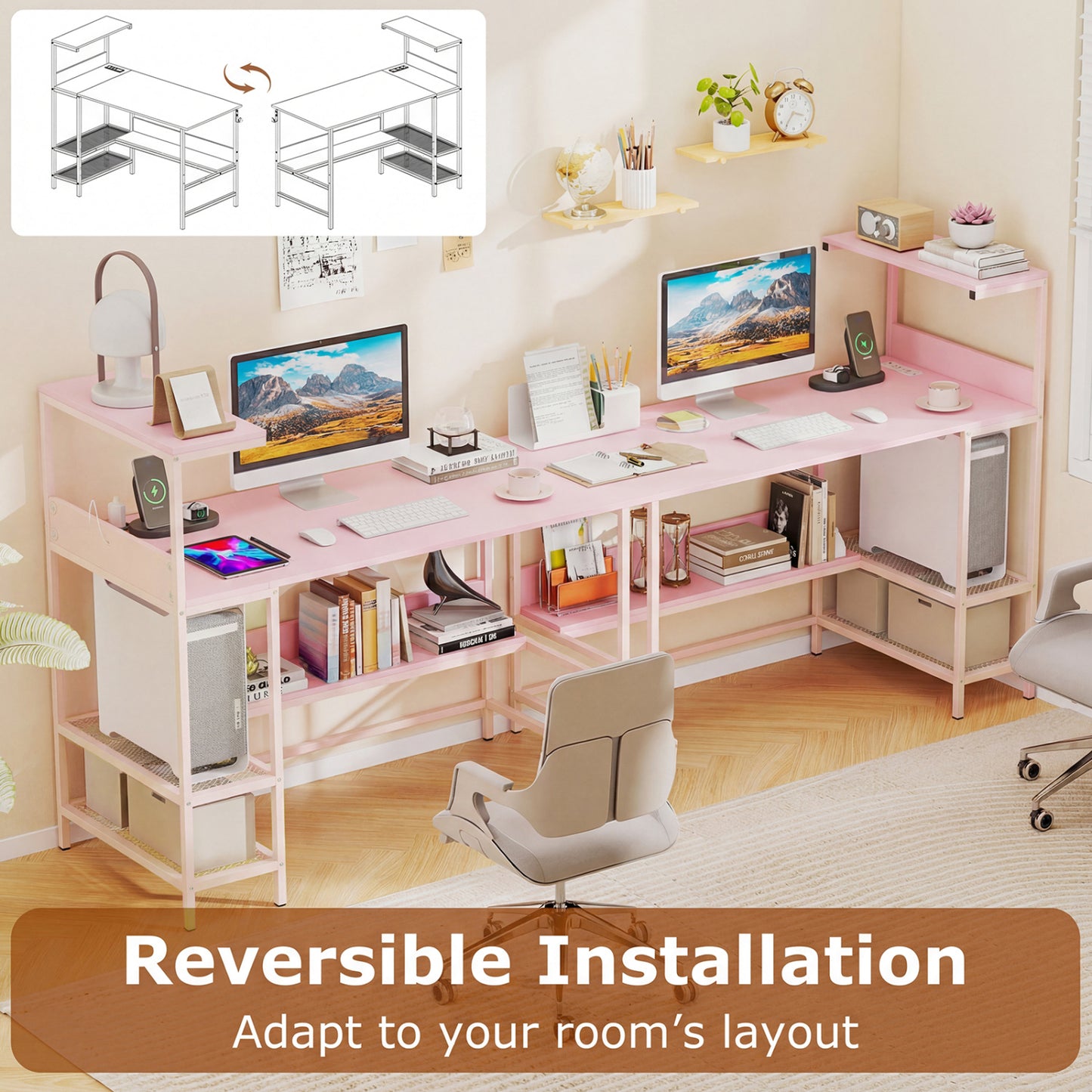 48 Inch Computer Desk With Power Outlets, Storage Shelves, Pink Computer Desks at Gallery Canada