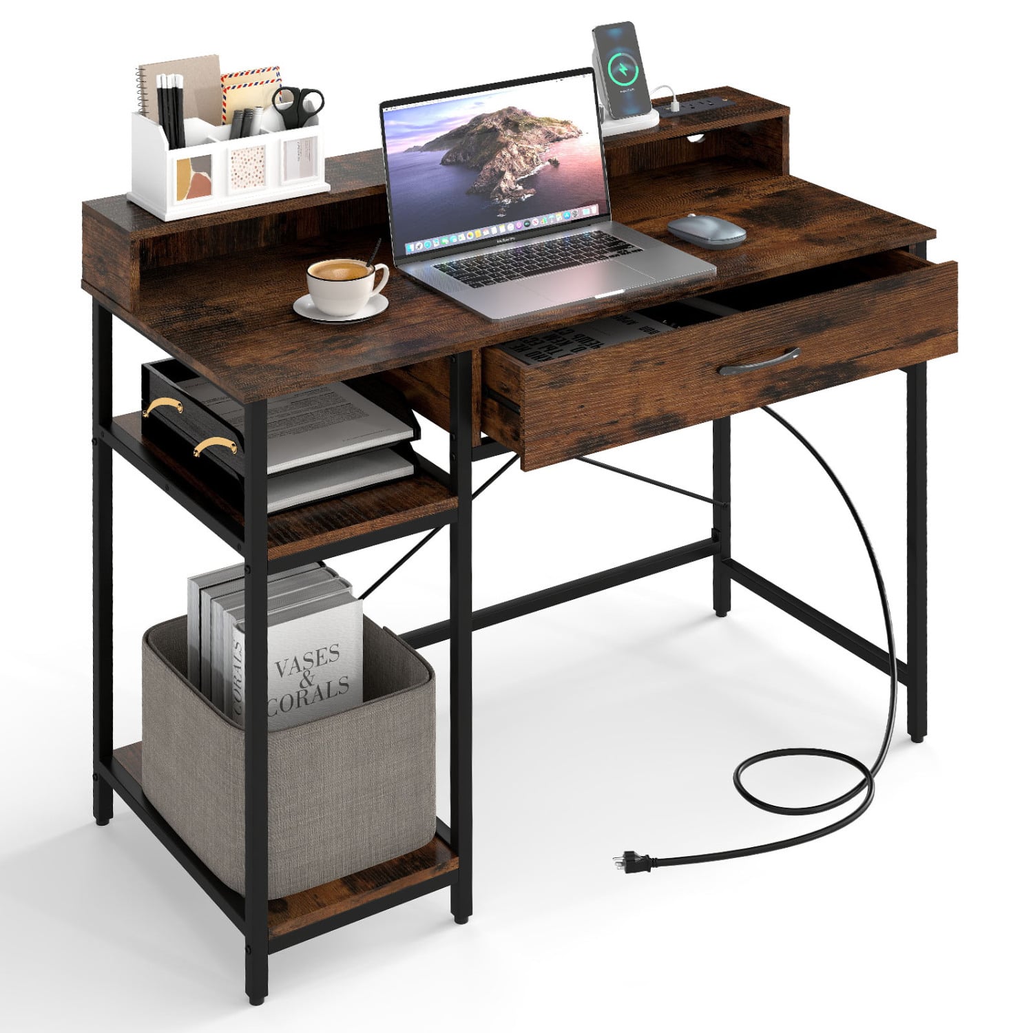 48 Inch Computer Desk With Monitor Stand, Drawer, Shelves, Rustic Brown Computer Desks at Gallery Canada