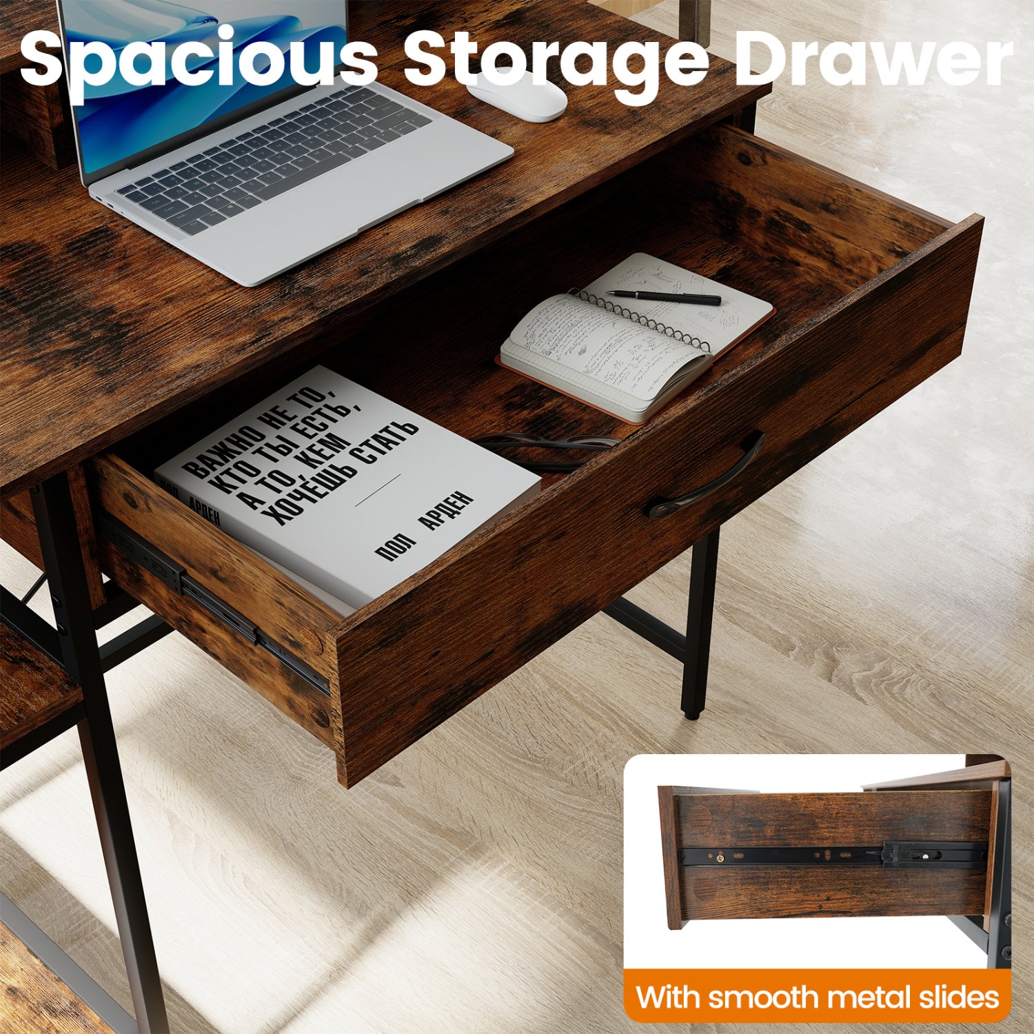 48 Inch Computer Desk With Monitor Stand, Drawer, Shelves, Rustic Brown Computer Desks at Gallery Canada