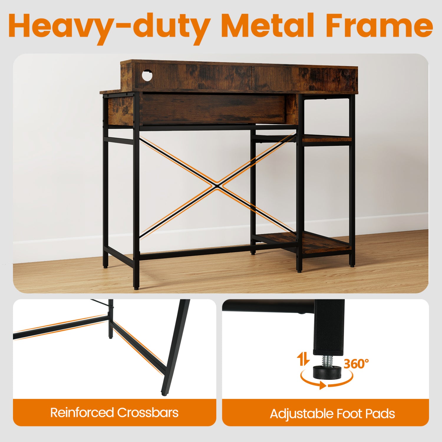 48 Inch Computer Desk With Monitor Stand, Drawer, Shelves, Rustic Brown Computer Desks at Gallery Canada