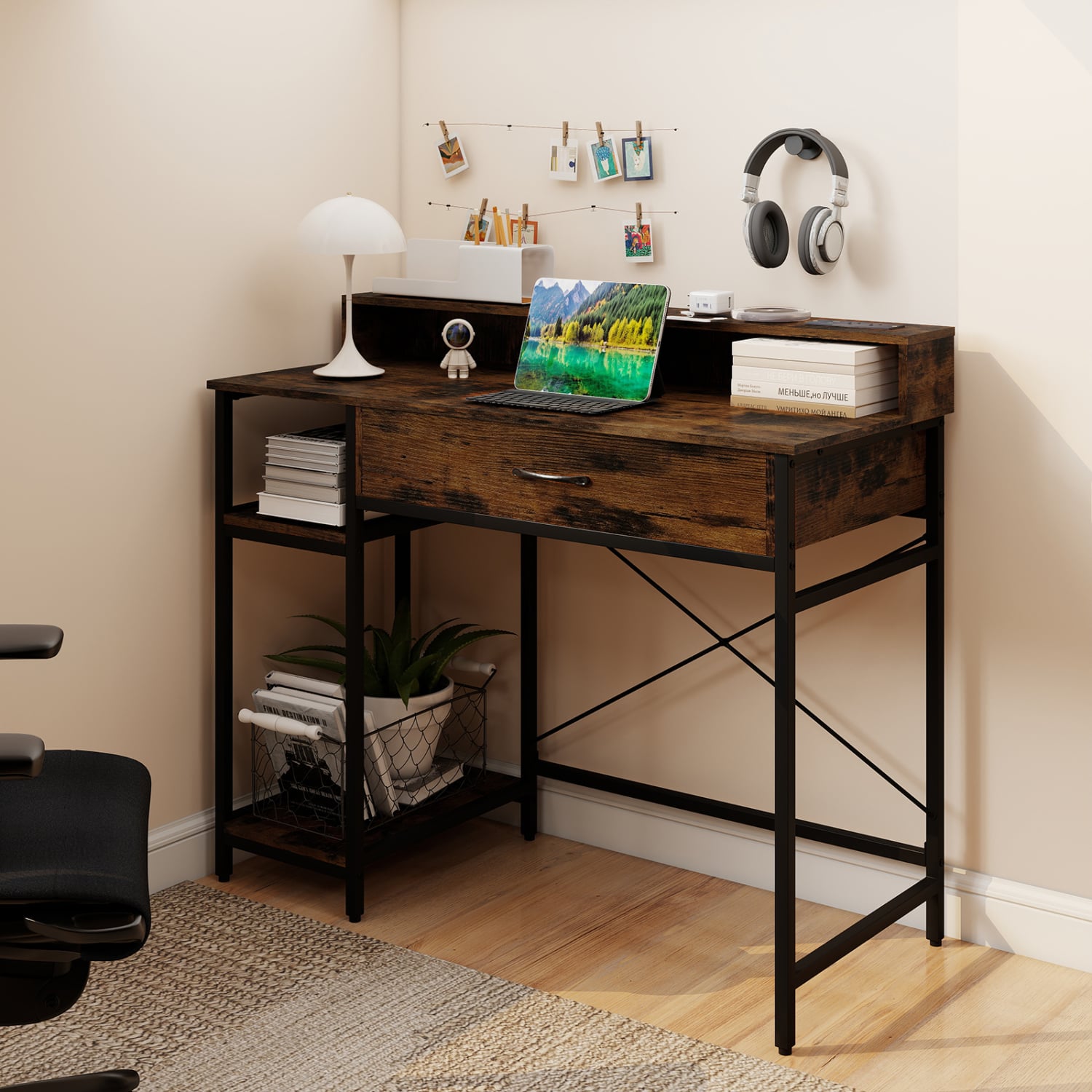 48 Inch Computer Desk With Monitor Stand, Drawer, Shelves, Rustic Brown Computer Desks at Gallery Canada
