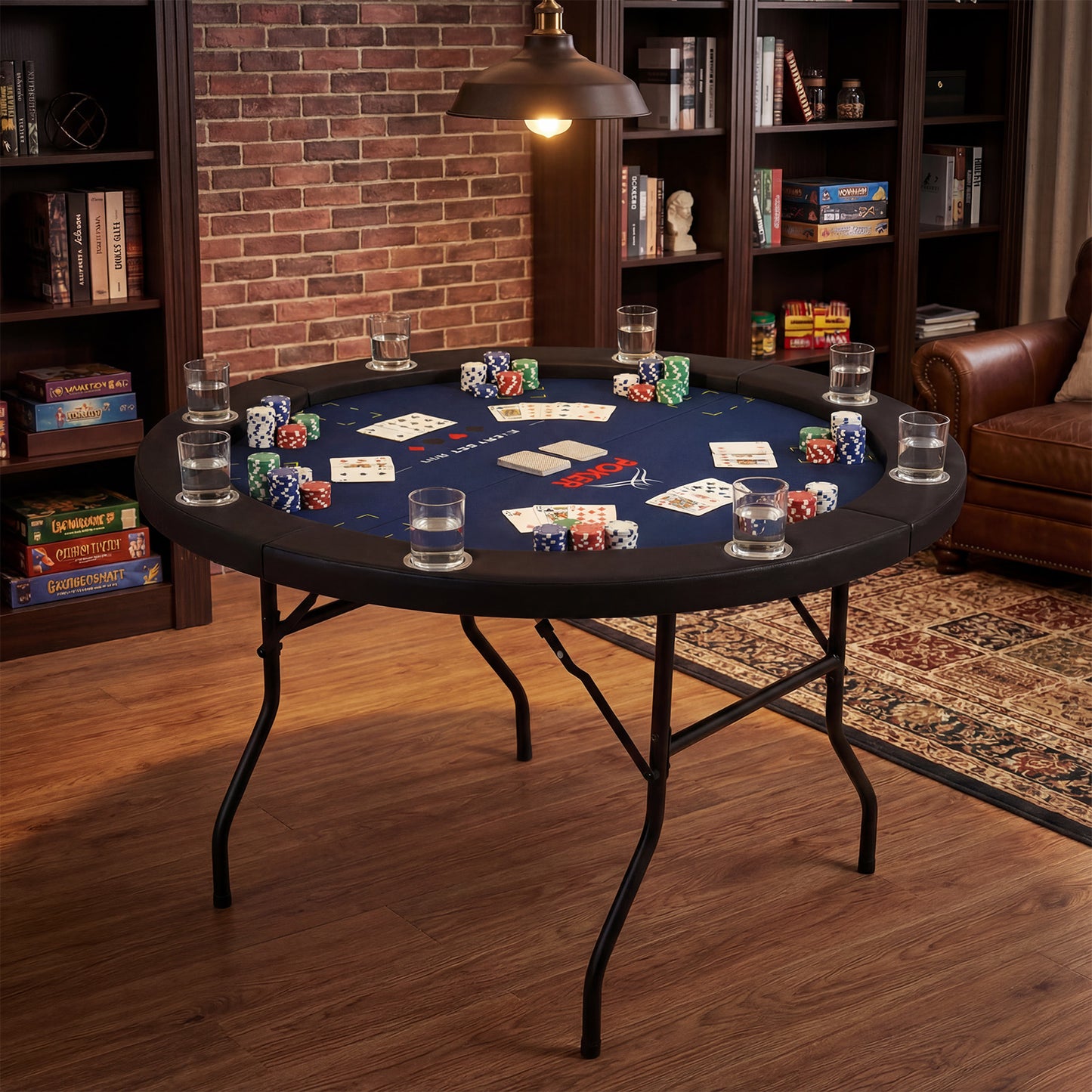 48 Inch Foldable Poker Table with 8 Cup Holders and Padded Edges, Blue