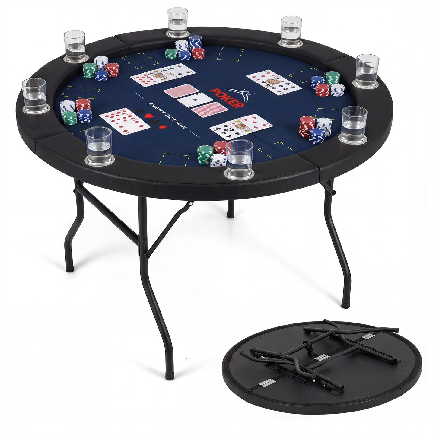 48 Inch Foldable Poker Table with 8 Cup Holders and Padded Edges, Blue