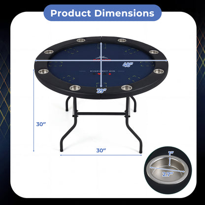 48 Inch Foldable Poker Table with 8 Cup Holders and Padded Edges, Blue
