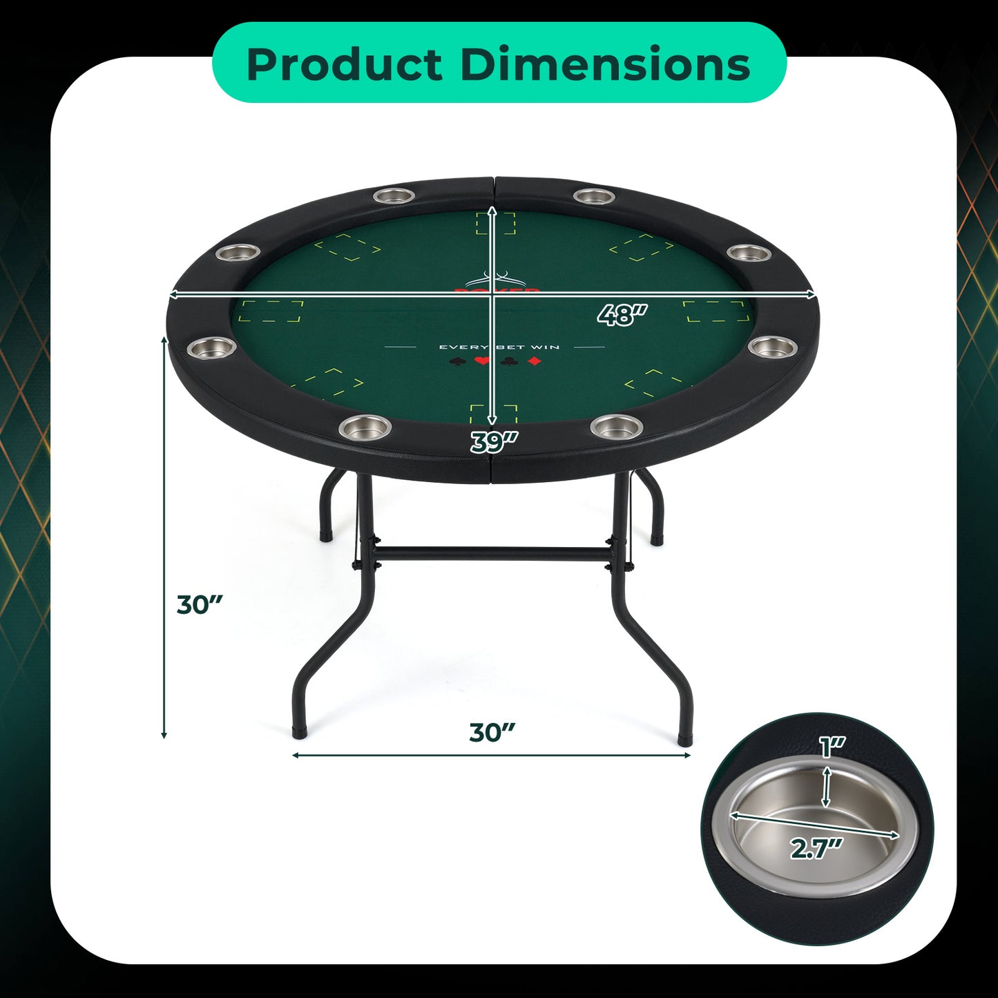 48 Inch Foldable Poker Table with 8 Cup Holders and Padded Edges, Green