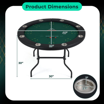 48 Inch Foldable Poker Table with 8 Cup Holders and Padded Edges, Green