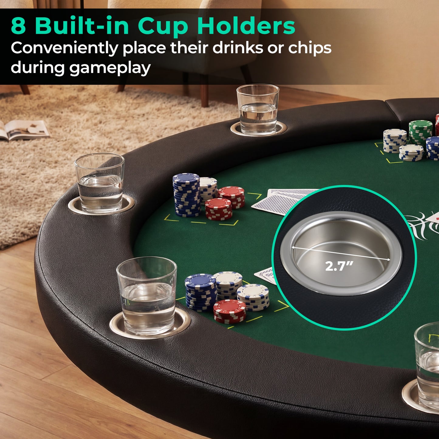 48 Inch Foldable Poker Table with 8 Cup Holders and Padded Edges, Green