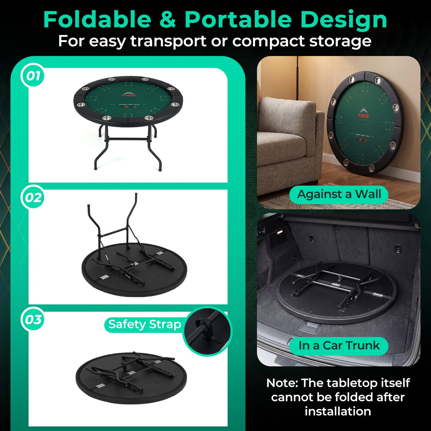 48 Inch Foldable Poker Table with 8 Cup Holders and Padded Edges, Green Game Room at Gallery Canada