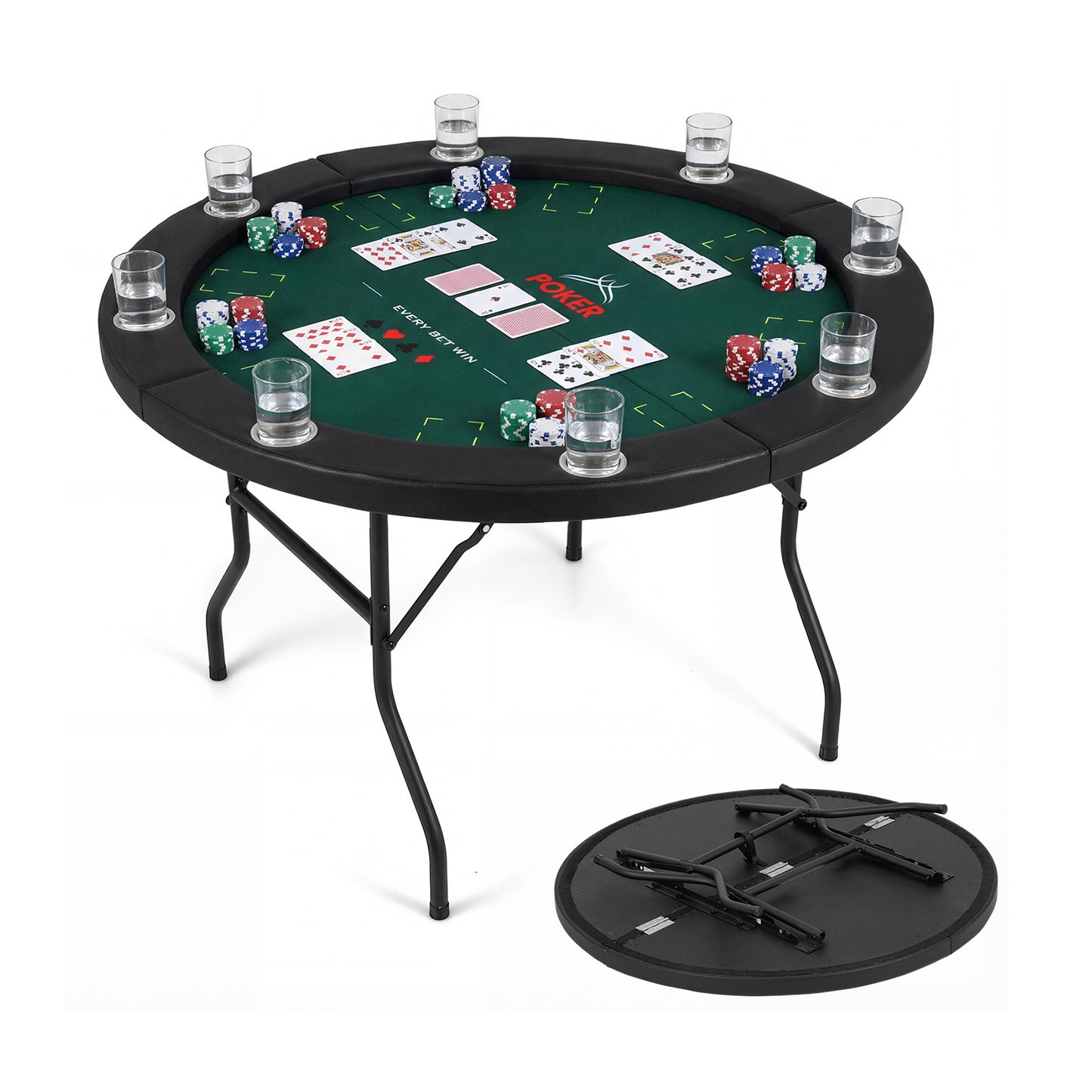 48 Inch Foldable Poker Table with 8 Cup Holders and Padded Edges, Green Game Room Green at Gallery Canada