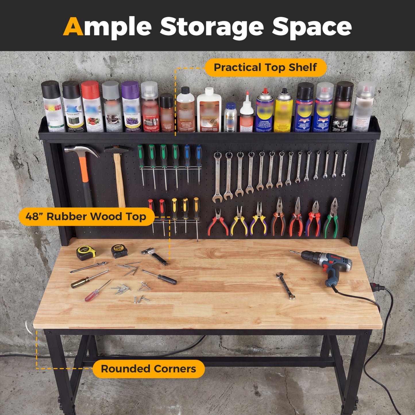 48 Inch Heavy Duty Workbench With AC USB Outlets, Pegboard, Natural Garages at Gallery Canada