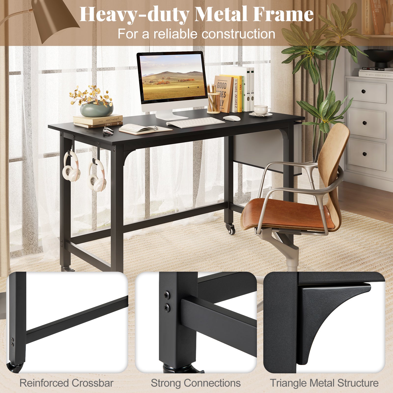 48 Inch Mobile Computer Workstation with 4 Smooth Casters, Black Writing Desks at Gallery Canada