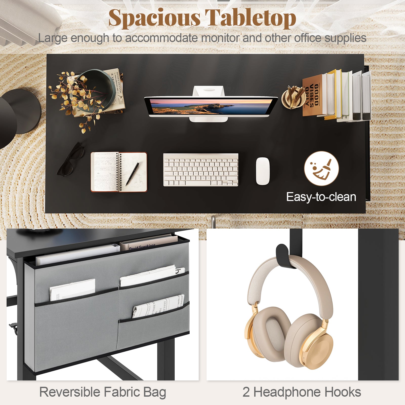 48 Inch Mobile Computer Workstation with 4 Smooth Casters, Black Writing Desks at Gallery Canada