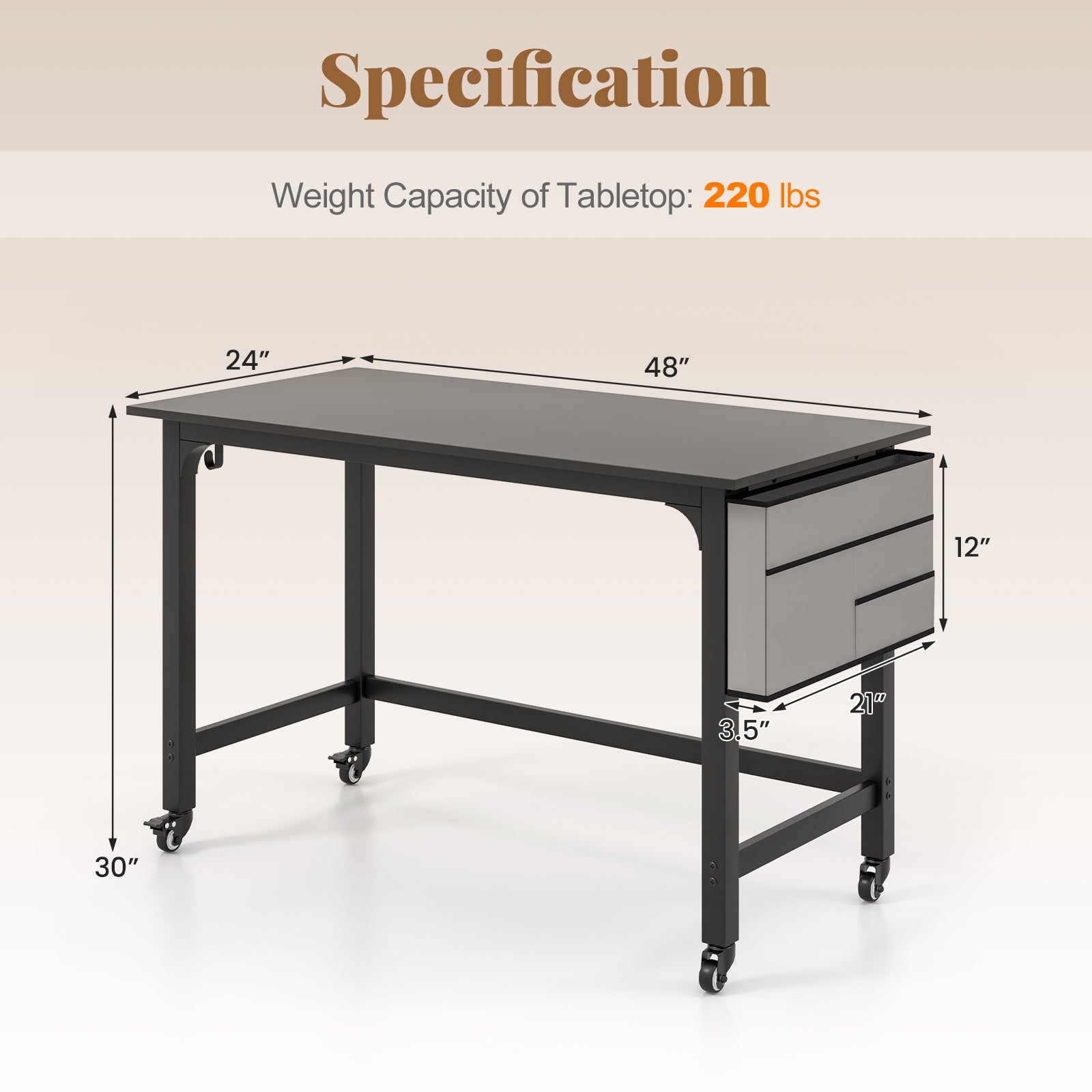 48 Inch Mobile Computer Workstation with 4 Smooth Casters, Black Writing Desks at Gallery Canada
