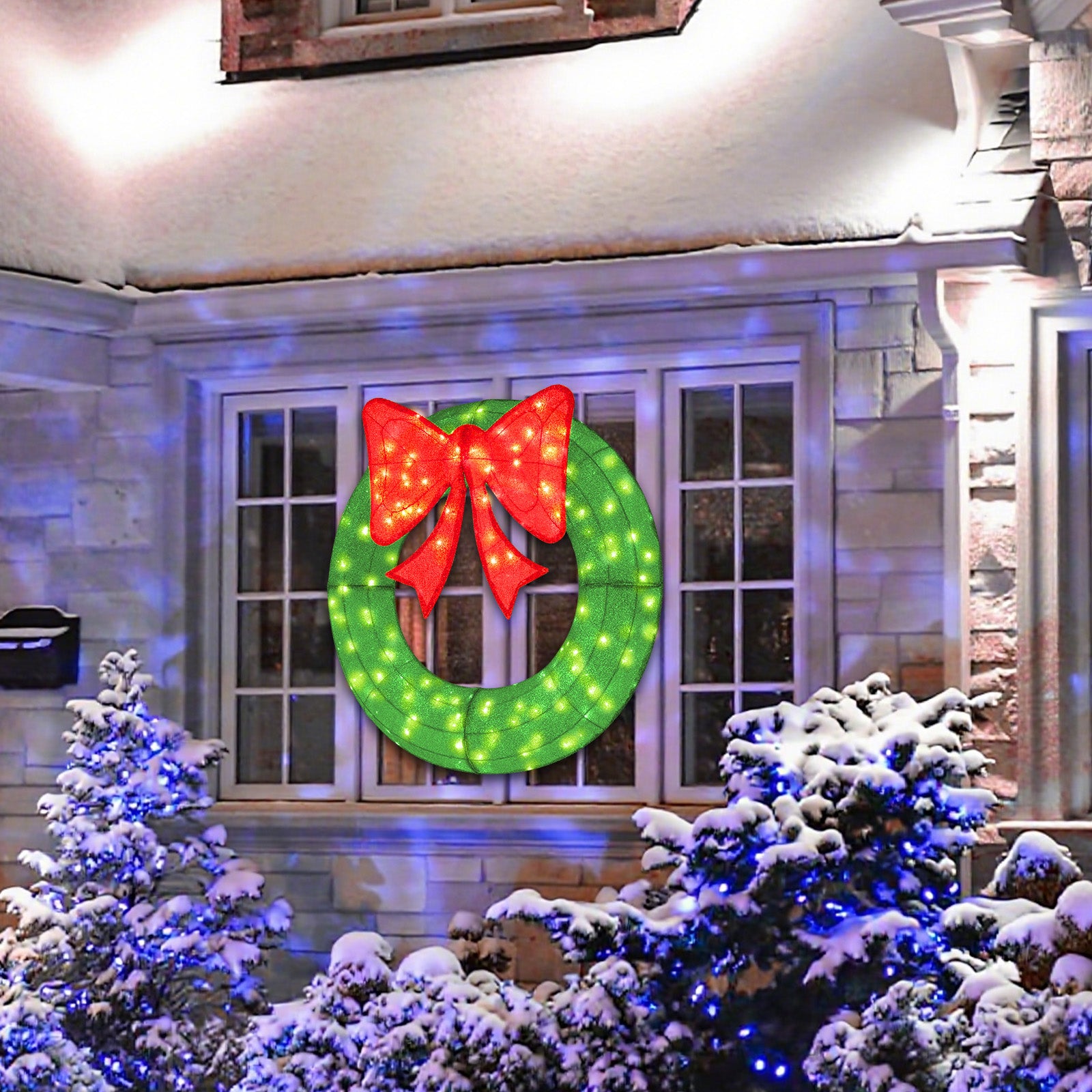 48 Inch Pre-Lit Christmas Mesh Wreath, 200 LED Bulbs, Green Christmas Decor & Accessories at Gallery Canada