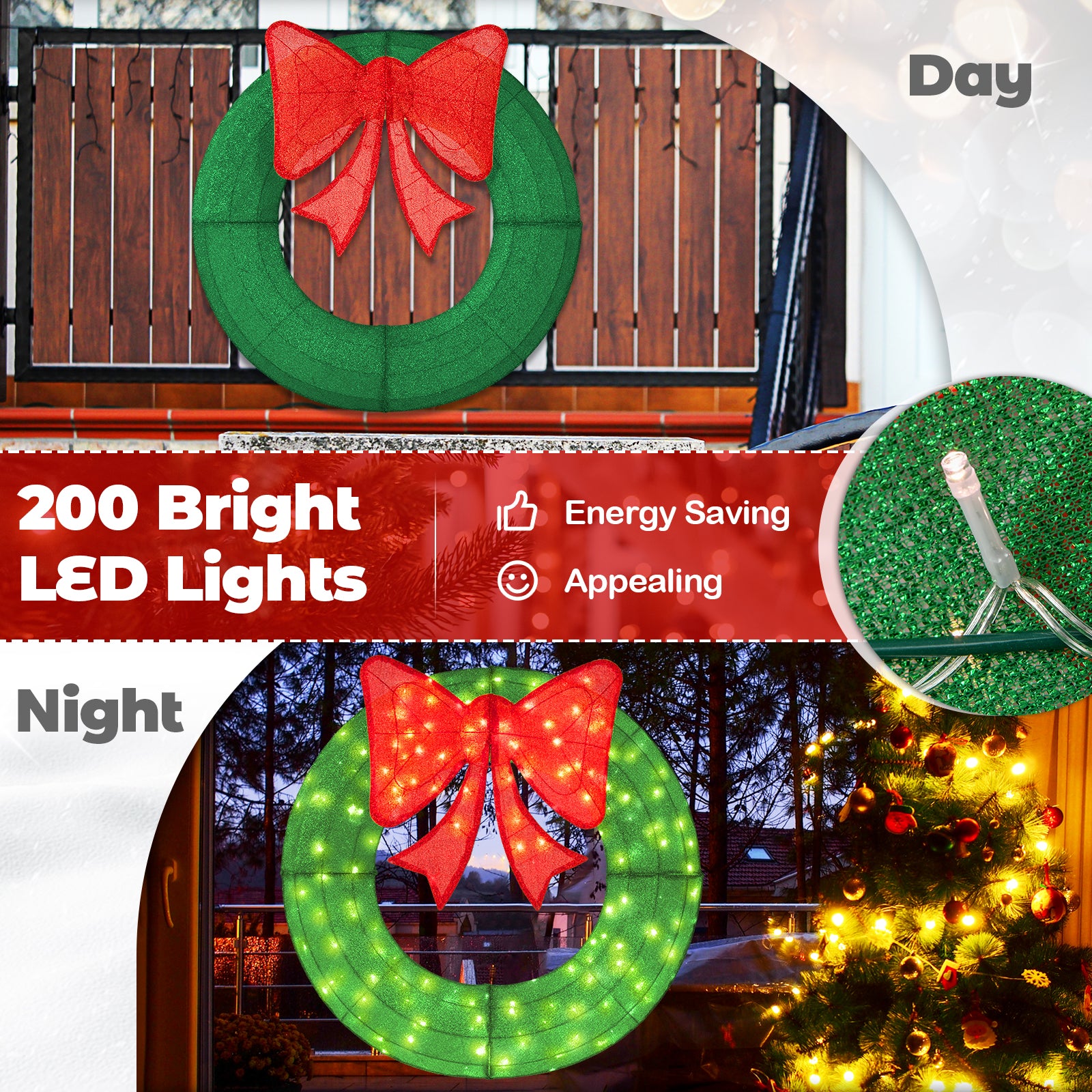 48 Inch Pre-Lit Christmas Mesh Wreath, 200 LED Bulbs, Green Christmas Decor & Accessories at Gallery Canada