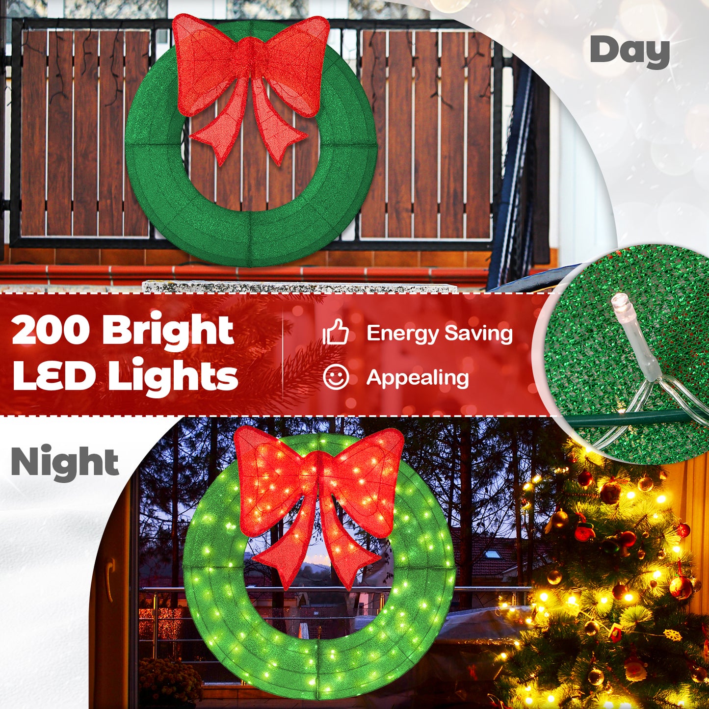 48 Inch Pre-Lit Christmas Mesh Wreath, 200 LED Bulbs, Green Christmas Decor & Accessories at Gallery Canada