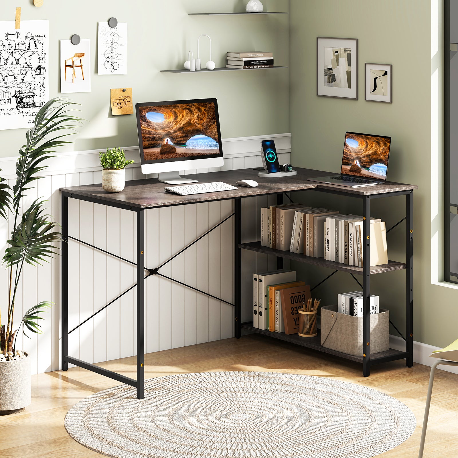 48 Inch Reversible L Shaped Computer Desk with Adjustable Shelf, Gray L-Shaped Desks at Gallery Canada
