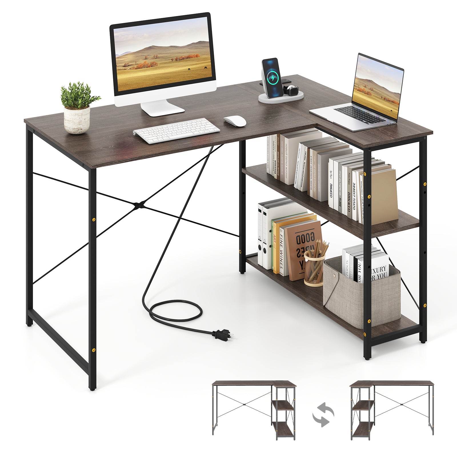 48 Inch Reversible L Shaped Computer Desk with Adjustable Shelf, Gray L-Shaped Desks at Gallery Canada