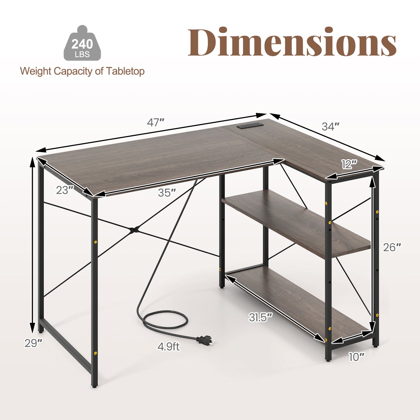 48 Inch Reversible L Shaped Computer Desk with Adjustable Shelf, Gray L-Shaped Desks at Gallery Canada