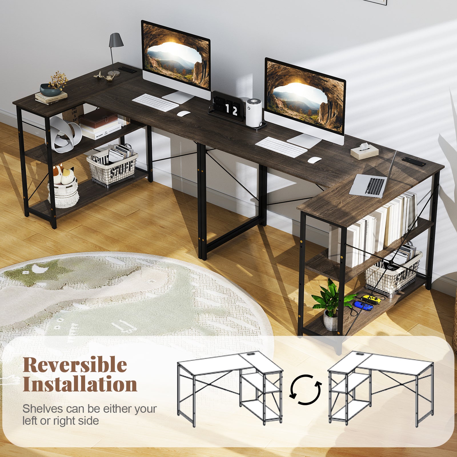 48 Inch Reversible L Shaped Computer Desk with Adjustable Shelf, Gray L-Shaped Desks at Gallery Canada