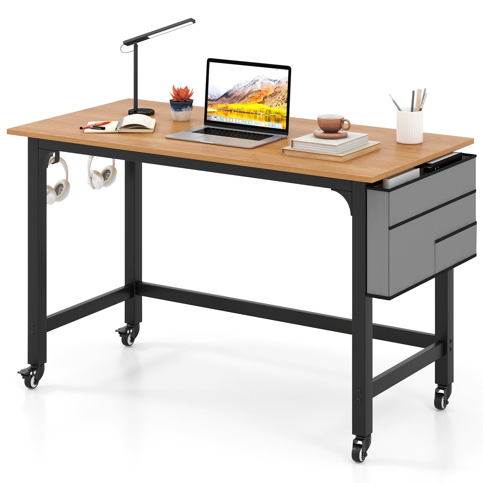 48 Inch Rolling Computer Desk, Heavy Duty Metal Frame, Natural Writing Desks Natural at Gallery Canada
