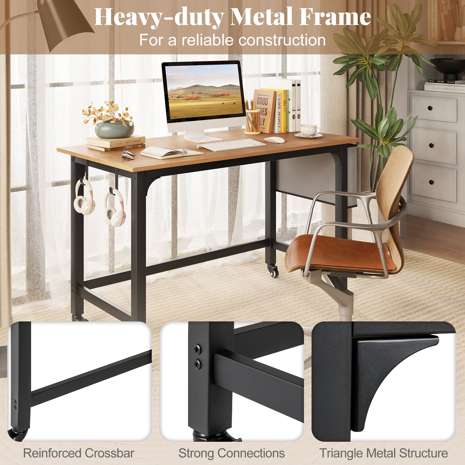48 Inch Rolling Computer Desk with Heavy-duty Metal Frame for Home and Office, Natural Writing Desks at Gallery Canada
