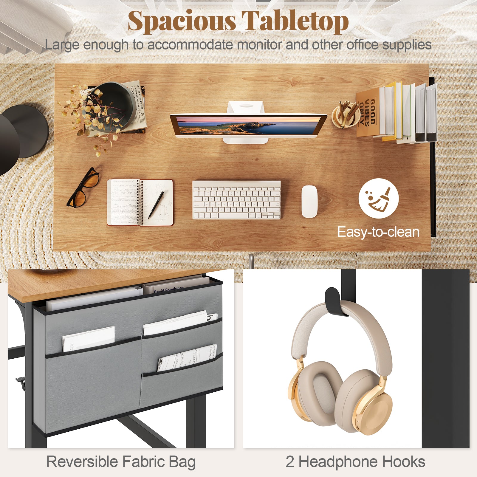 48 Inch Rolling Computer Desk with Heavy-duty Metal Frame for Home and Office, Natural Writing Desks at Gallery Canada