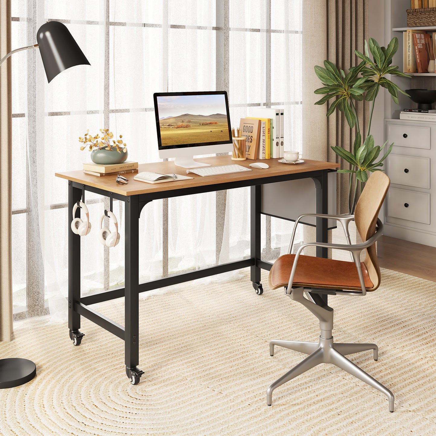 48 Inch Rolling Computer Desk with Heavy-duty Metal Frame for Home and Office, Natural Writing Desks at Gallery Canada
