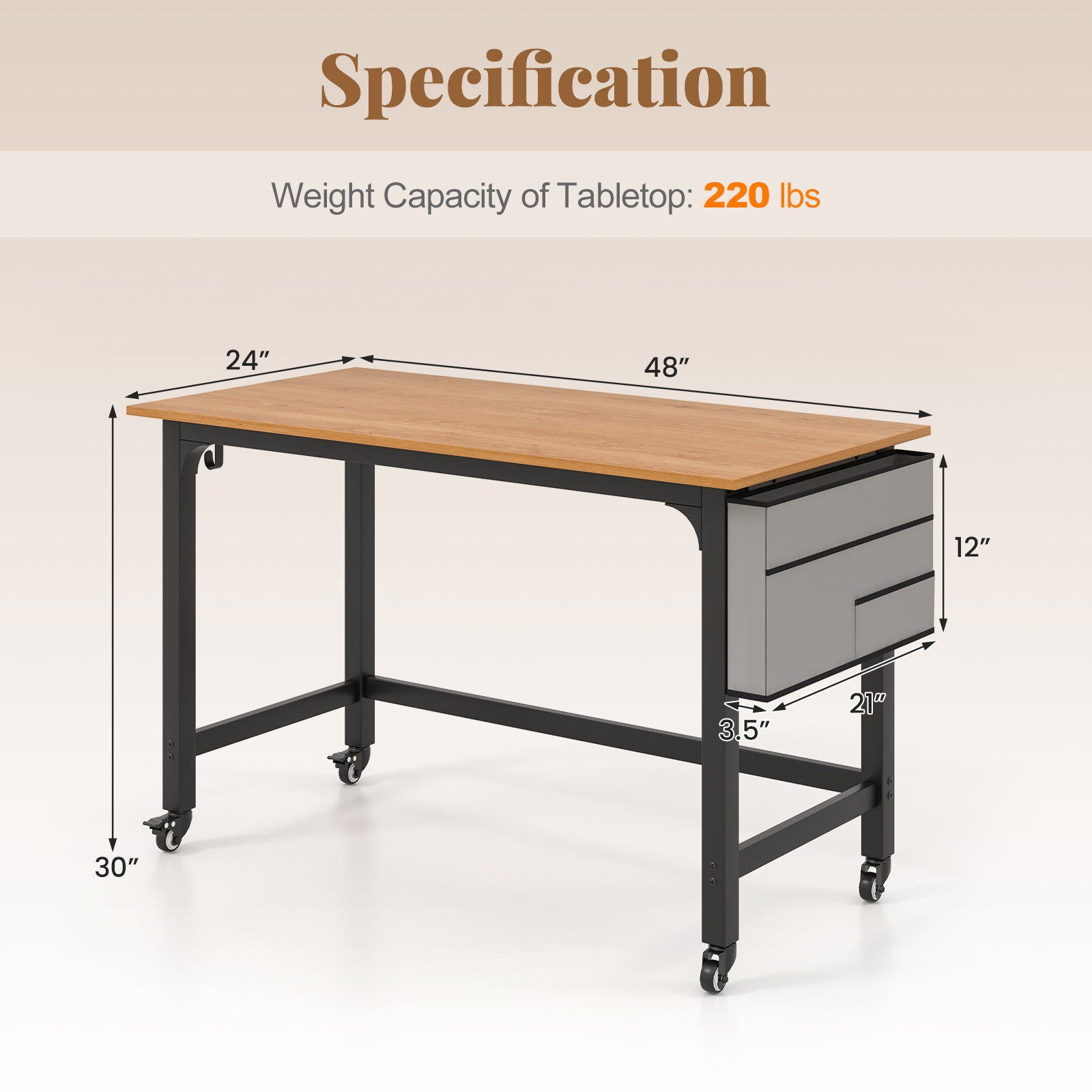 48 Inch Rolling Computer Desk with Heavy-duty Metal Frame for Home and Office, Natural Writing Desks at Gallery Canada