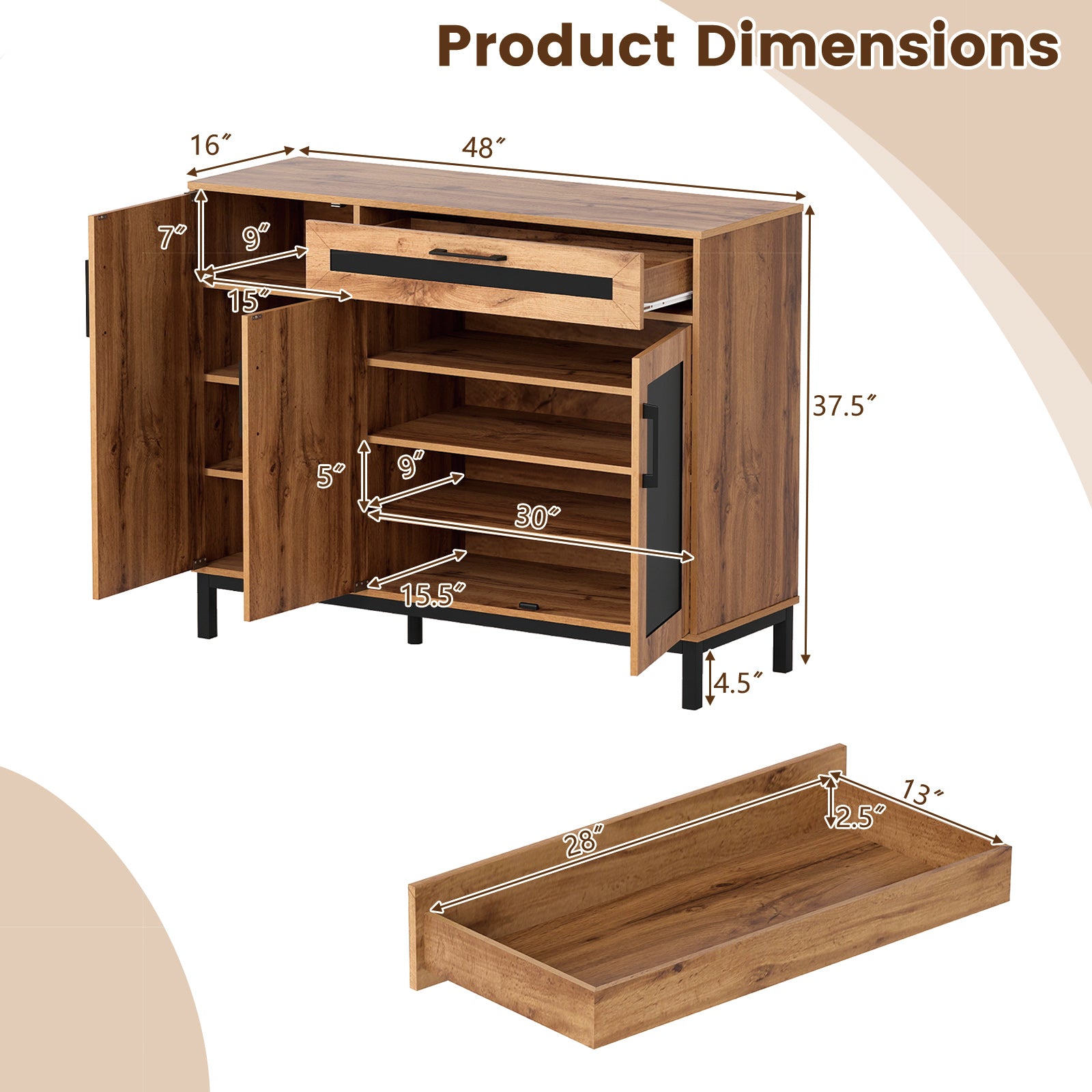 48 Inch Sideboard Buffet Cabinet with Drawer and Metal Legs, Natural Sideboards Cabinets & Buffets at Gallery Canada