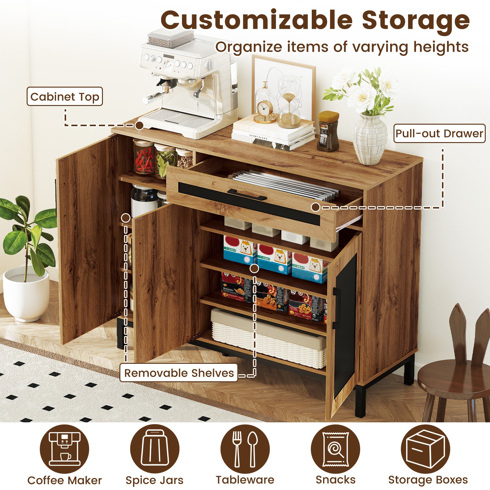 48 Inch Sideboard Buffet Cabinet with Drawer and Metal Legs, Natural Sideboards Cabinets & Buffets at Gallery Canada