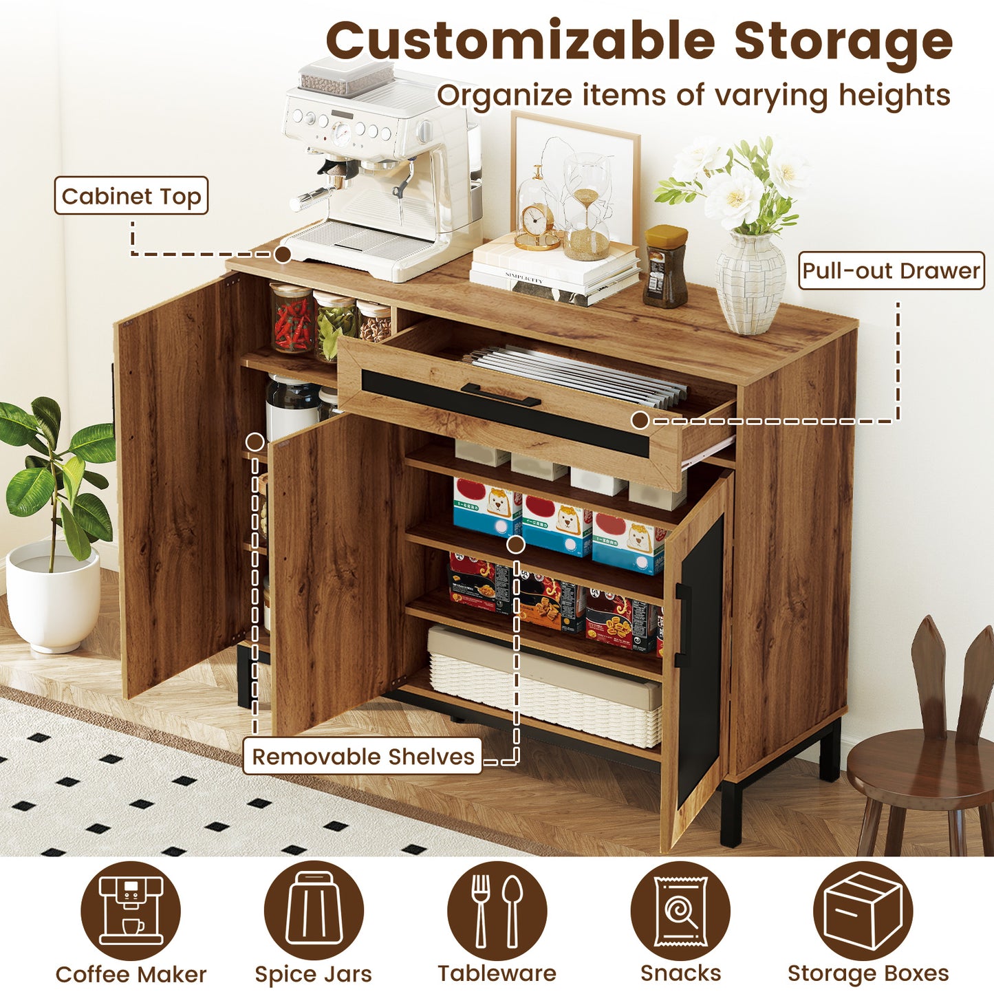 48 Inch Sideboard Buffet Cabinet with Drawer and Metal Legs, Natural Sideboards Cabinets & Buffets at Gallery Canada