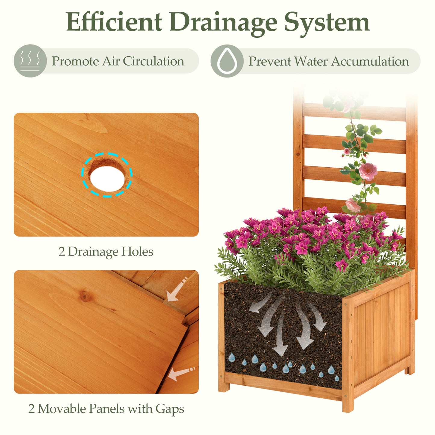 48 Inch Wood Raised Garden Bed with Trellis with Drainage Holes, Natural Raised Garden Beds at Gallery Canada
