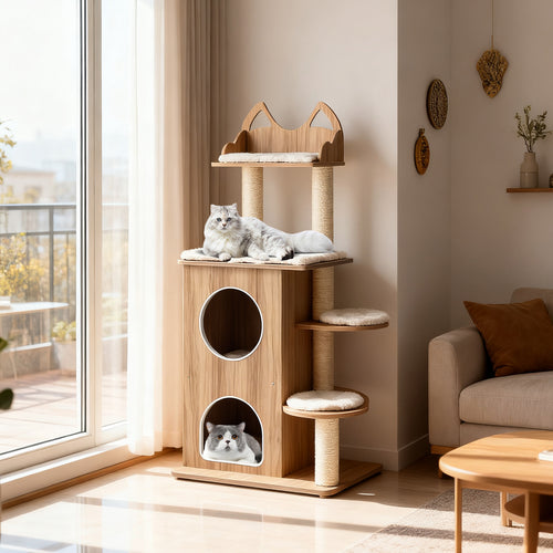 48 Inch Wooden Cat Tree with 2-Floor Condo and Washable Cushions, Natural