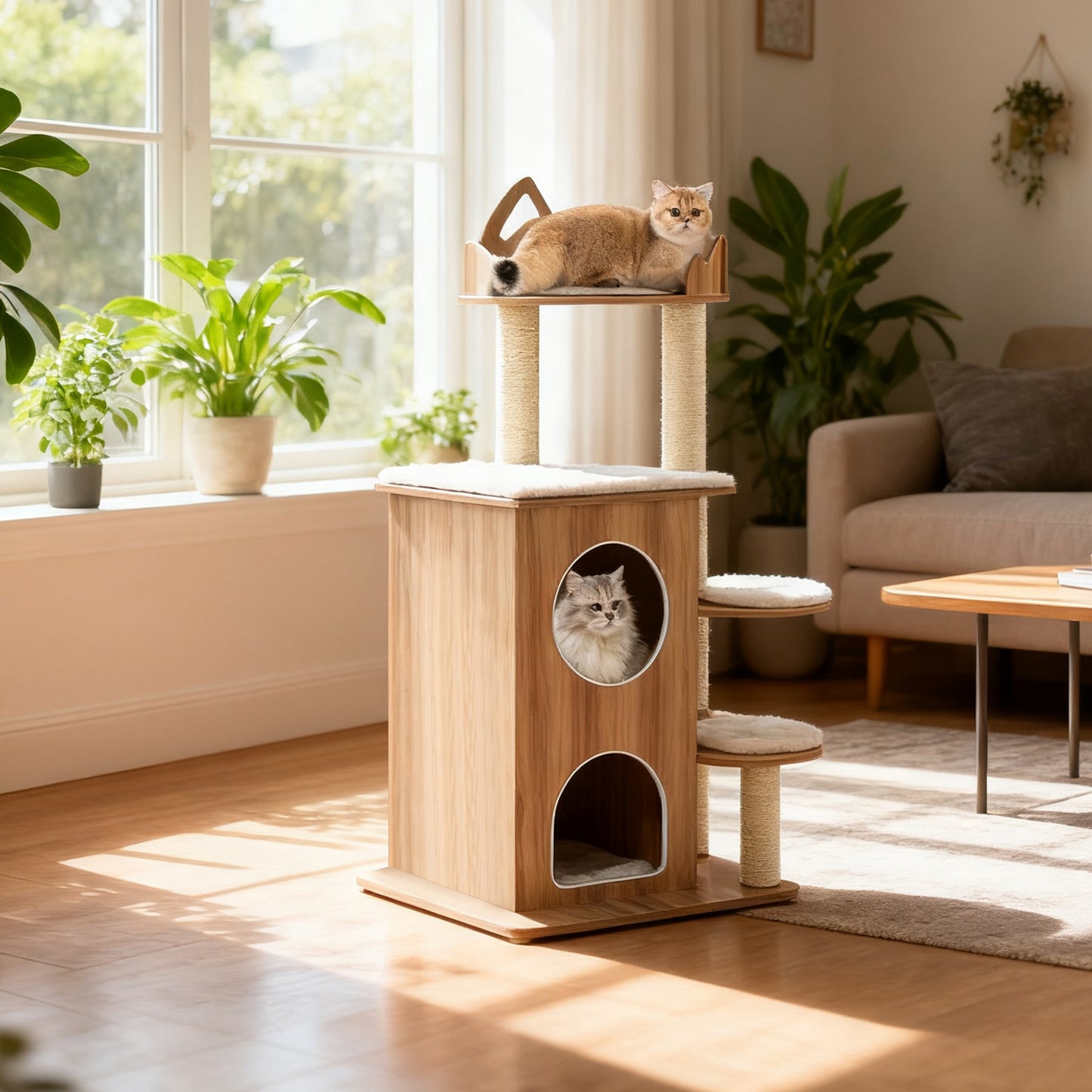 48 Inch Wooden Cat Tree with 2-Floor Condo and Washable Cushions, Natural Cat Trees Condos & Scratchers at Gallery Canada