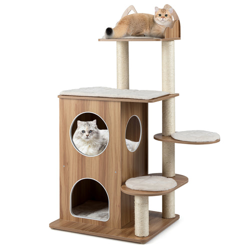 48 Inch Wooden Cat Tree, 2-Floor Condo, Washable Cushions, Natural