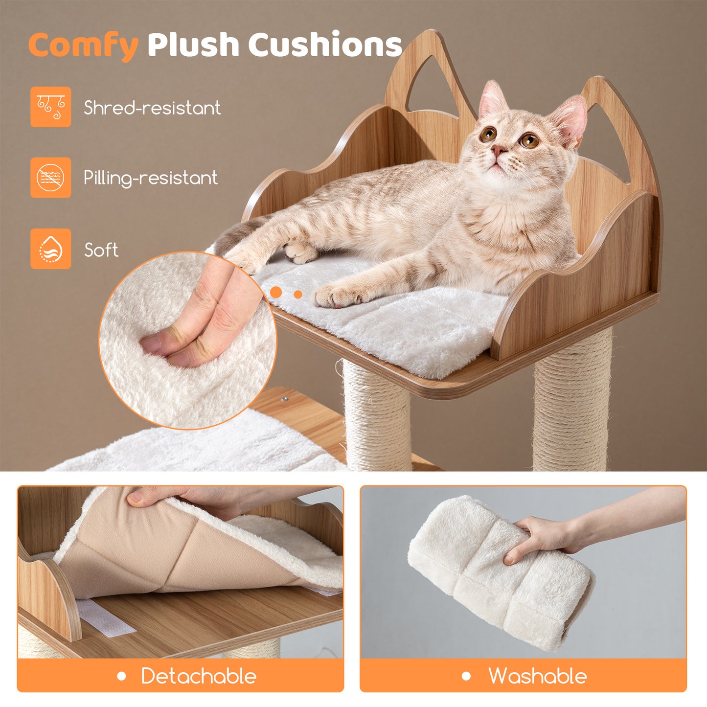 48 Inch Wooden Cat Tree with 2-Floor Condo and Washable Cushions, Natural Cat Trees Condos & Scratchers at Gallery Canada